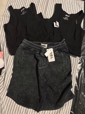 RBL Black Drawstring Shorts with Rhinestone Detail + 2 Black Tank Tops